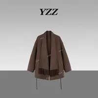 YZZ“悦己”绵羊毛骆驼绒流苏领气质宽松外套大衣 680290