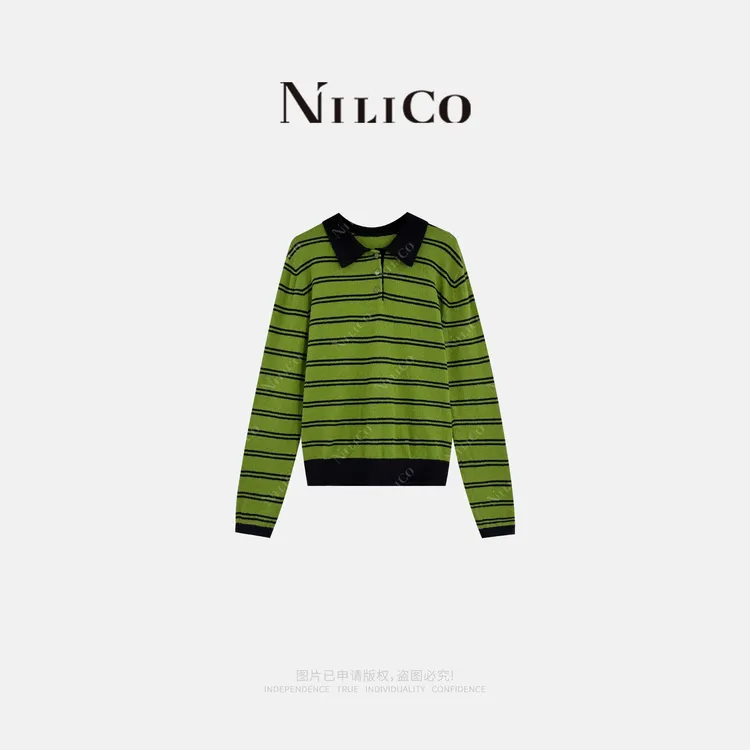 NILICO【元气缪斯】条纹撞色POLO领精梳棉百搭显瘦套头毛衣