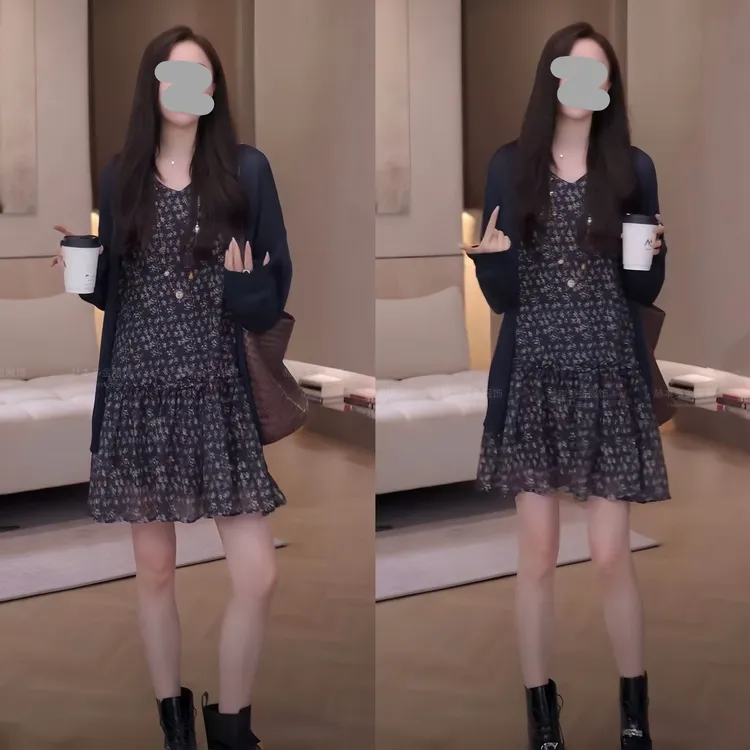 2025夏季新款懒惰度假风纯色百搭通勤开衫上衣套装复古碎花连衣裙