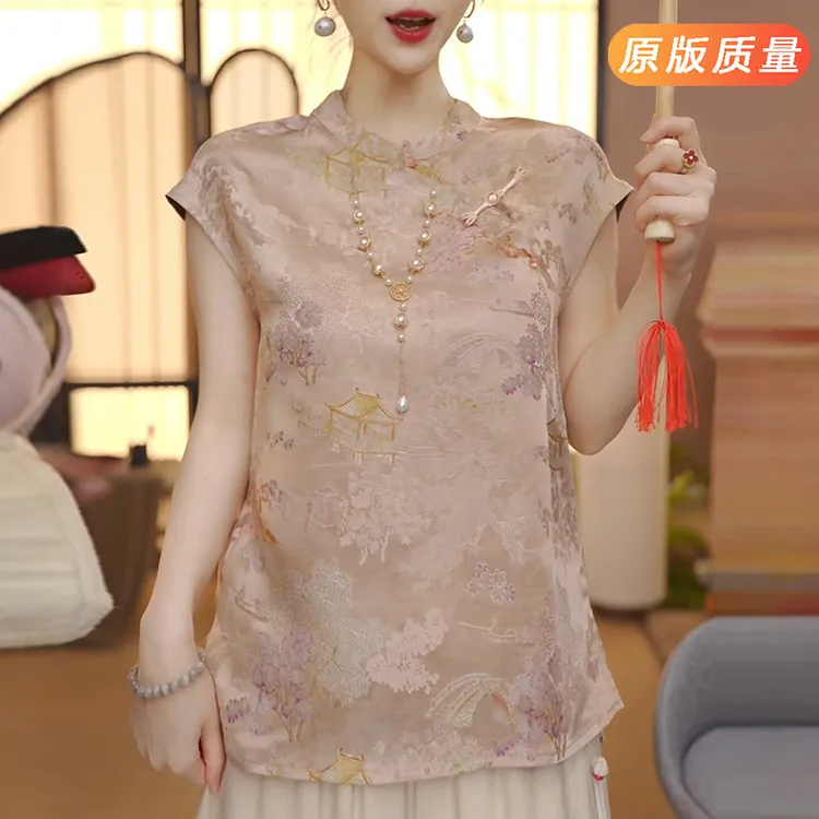 年轻版新中式上衣2025夏新款短袖仿真丝盘扣小衫香云纱提花衬衫女