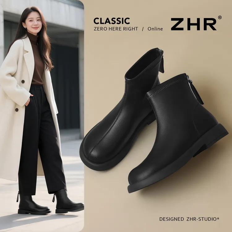 ZHR/则则平底短靴女2025新款法式加绒新中式马丁靴气质英伦瘦瘦靴