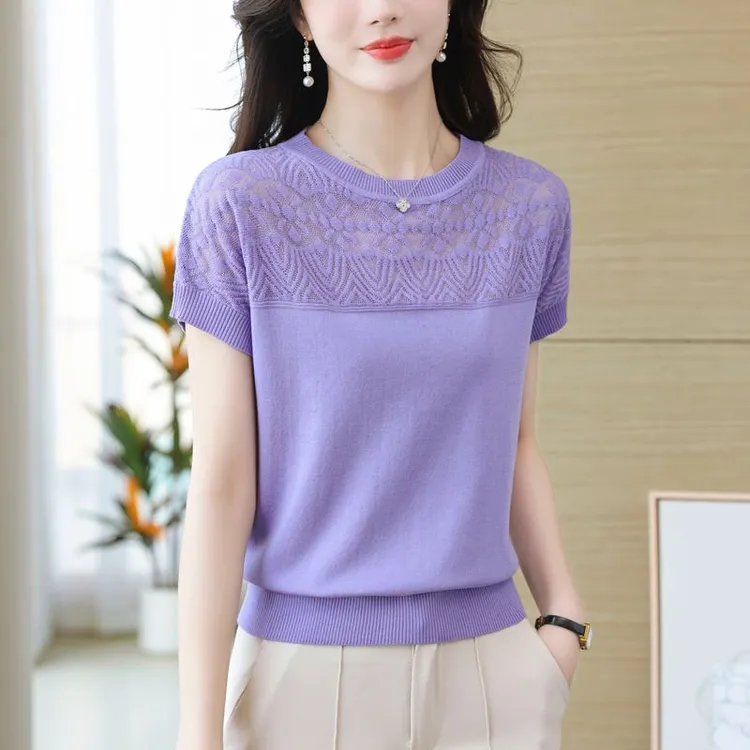 夏季短袖针织衫香芋紫色针织衫镂空时尚气质显瘦薄款洋气大码