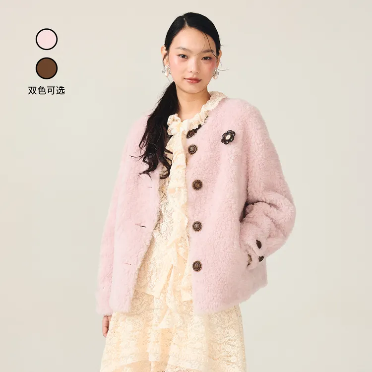 lefame拉飞姆2025冬季新款时尚粉色千金名媛休闲花朵胸针外套女