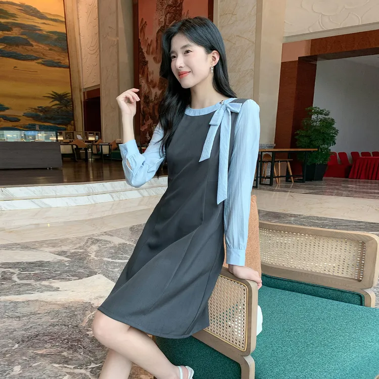 【奢姿】大码女装2025秋季时尚拼色系带连衣裙胖妹妹气质优雅减龄