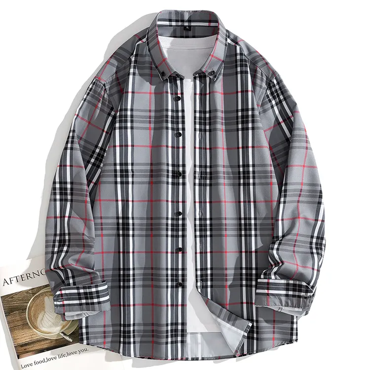 格子弹力免烫衬衫男士长袖春秋款修身潮流商务休闲帅气衬衣男上衣