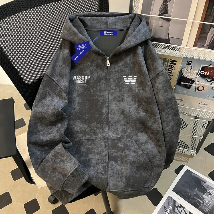 百搭复古潮流蜡染连帽卫衣男秋季新款hiphop休闲挺阔重磅拉链开衫