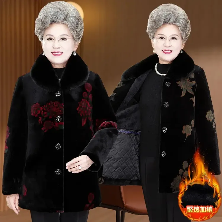 奶奶冬装保暖外套中老年人女妈妈秋冬加厚中长款大衣母亲妈妈秋装
