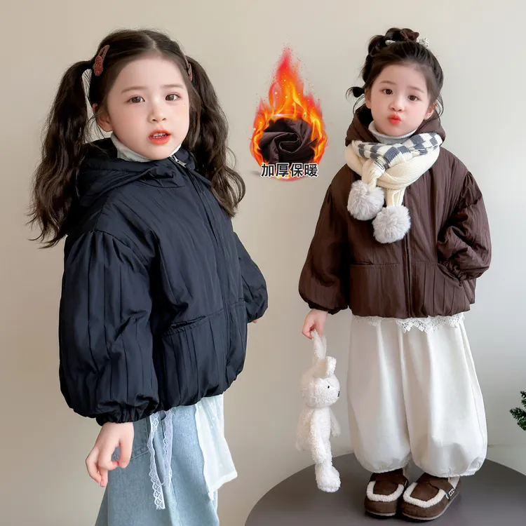 女童夹棉连帽外套洋气儿童秋冬装新款女宝宝加厚棉衣小女孩时髦潮