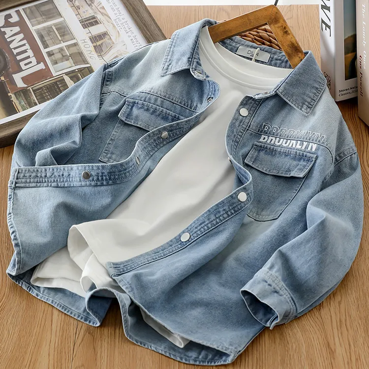 2025新款男童牛仔衬衫儿童长袖春秋翻领衬衣中大童秋季外套上衣潮