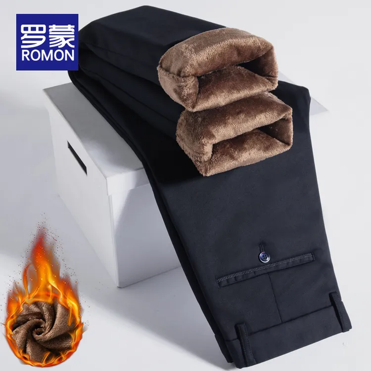 罗蒙男士加绒加厚西裤男款冬季新款中老年直筒宽松保暖休闲裤子男