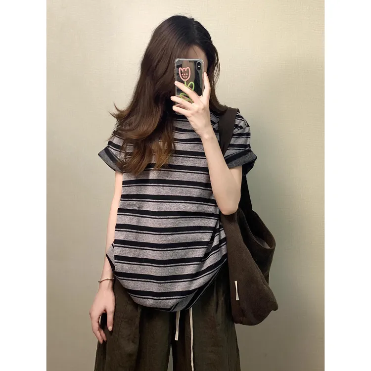 韩系时尚休闲风设计感条纹短袖针织T恤女夏季新款宽松百搭打底衫