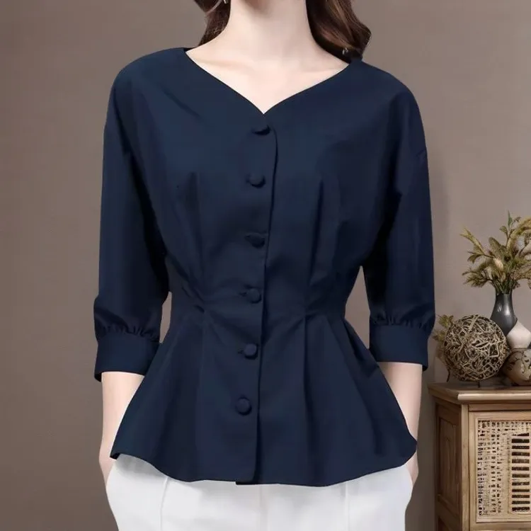 法式收腰v领七分袖上衣2025夏季新款高档洋气显瘦雪纺打底衫t恤女