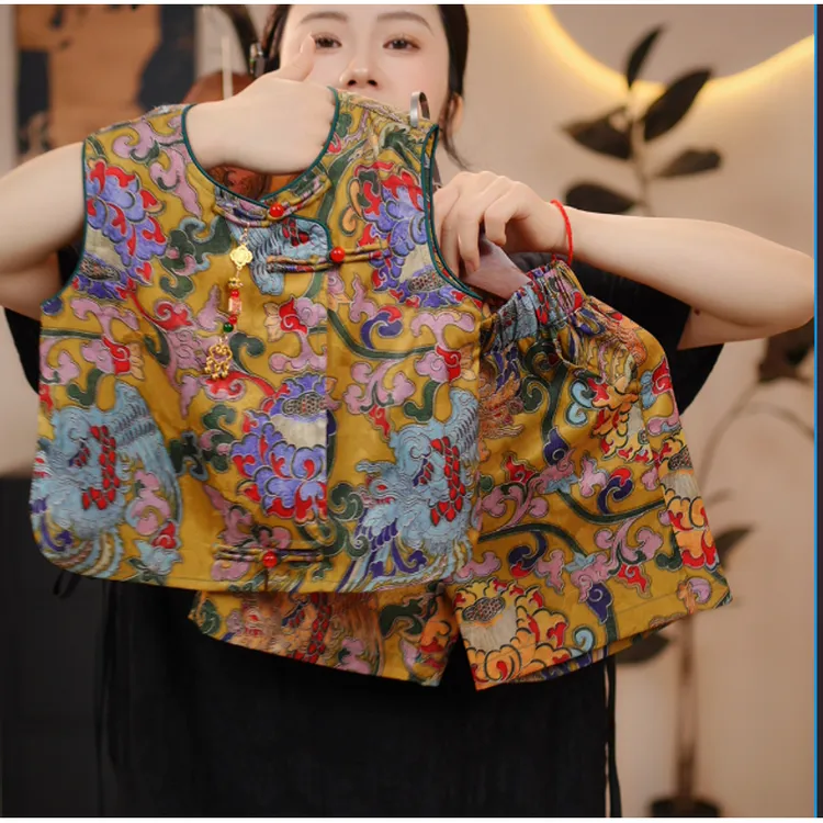 2025年新款中国风碎花夏季时尚新中式无袖背心宽松时髦套装8550