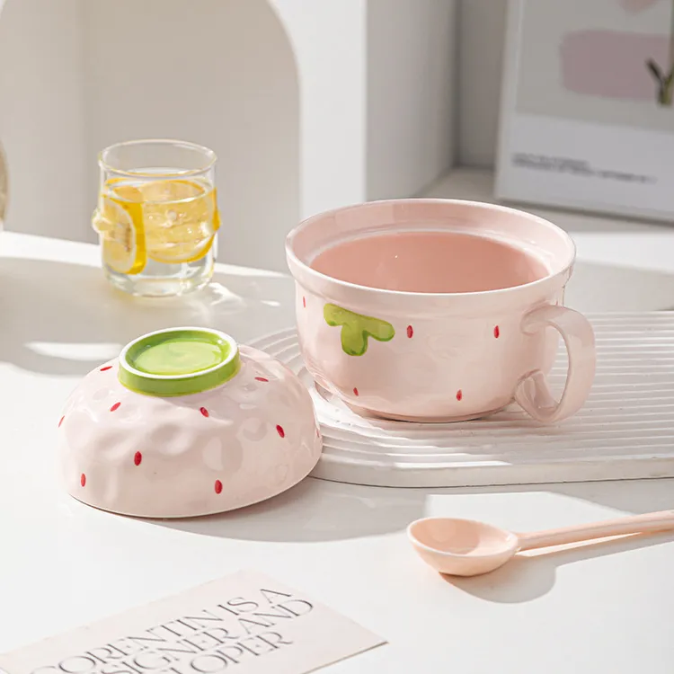 陶瓷泡面碗带盖宿舍用学生手柄饭碗个人专用上班食堂自带碗大容CJ