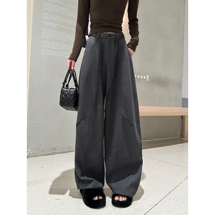 动感少女毛呢弯休闲裤女2025秋季韩版高腰宽松阔腿裤拖地长裤潮