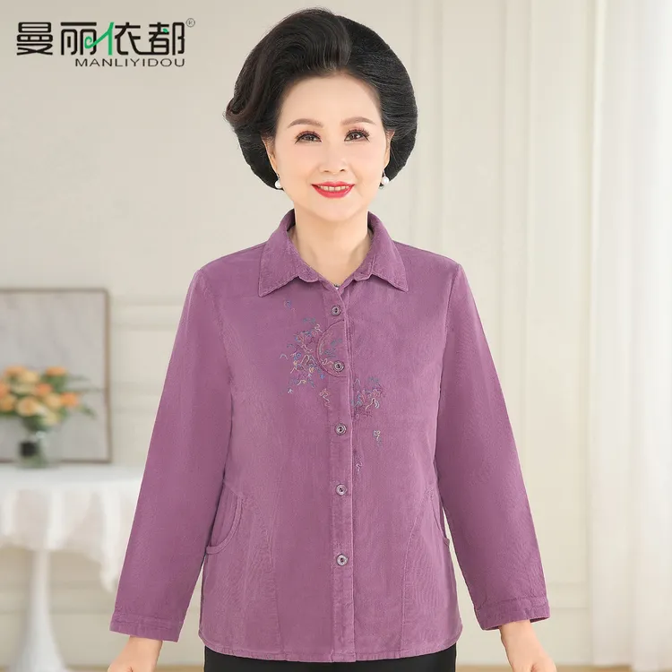 中老年春秋长袖衬衫绣花女纯棉灯芯绒妈妈秋装老太太服装老人衣服
