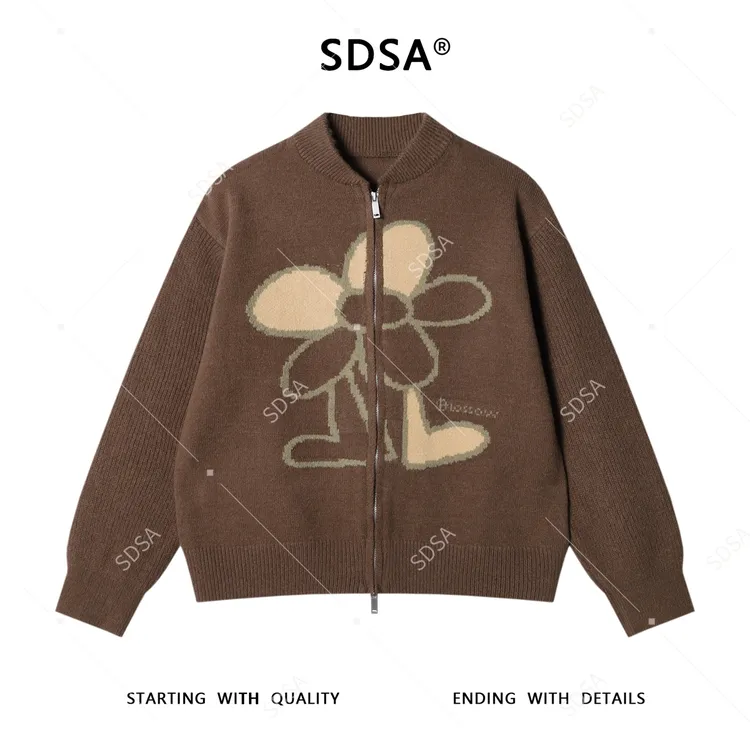 SDSA男士秋冬新款痞帅男装潮牌撞色钩花朵设计拉链开衫针织衫百搭