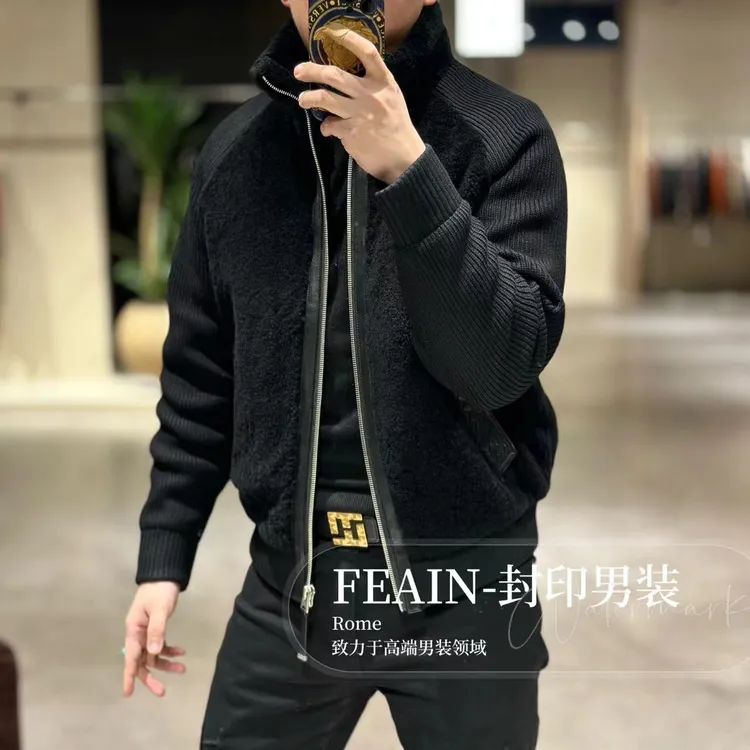 【皮毛一体拉贡鹅绒】高端进口拉贡皮毛一体真皮编织立领鹅绒服8112