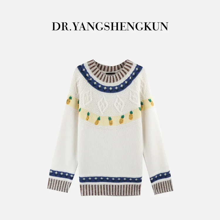 杨圣坤2025新品100%山羊绒菠萝提花撞色拼接套头针织衫S82593019