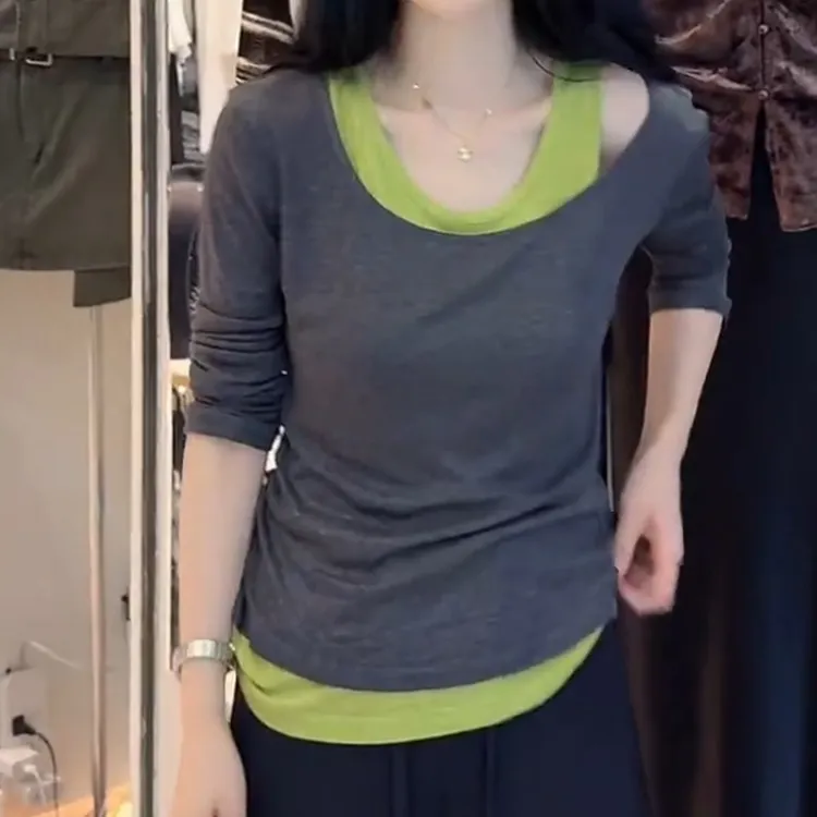 早秋新款韩版撞色长袖T恤女修身显瘦百搭休闲款LK2505869