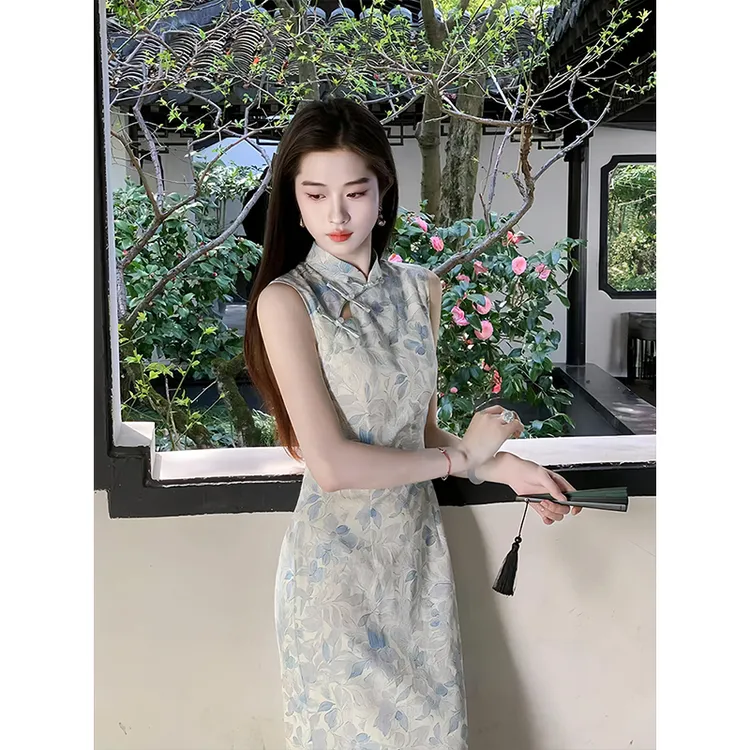 凌茜【荷铃】新中式蓝印花无袖长裙斜襟镂空小立领气质旗袍连衣裙