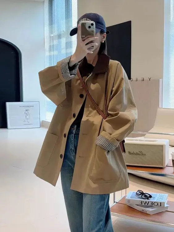 韩系撞色拼接中长款单排扣风衣女2025春秋新款宽松休闲显瘦外套
