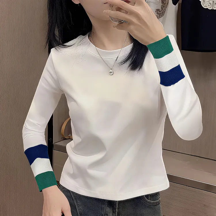 欧货纯棉白色打底衫女新款内搭秋冬修身撞色加绒长袖T恤短款上衣