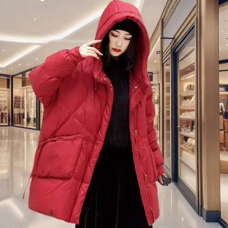 德国大码连帽羽绒服2025安可拉红中长款宽松洋气鸭绒保暖面包外套