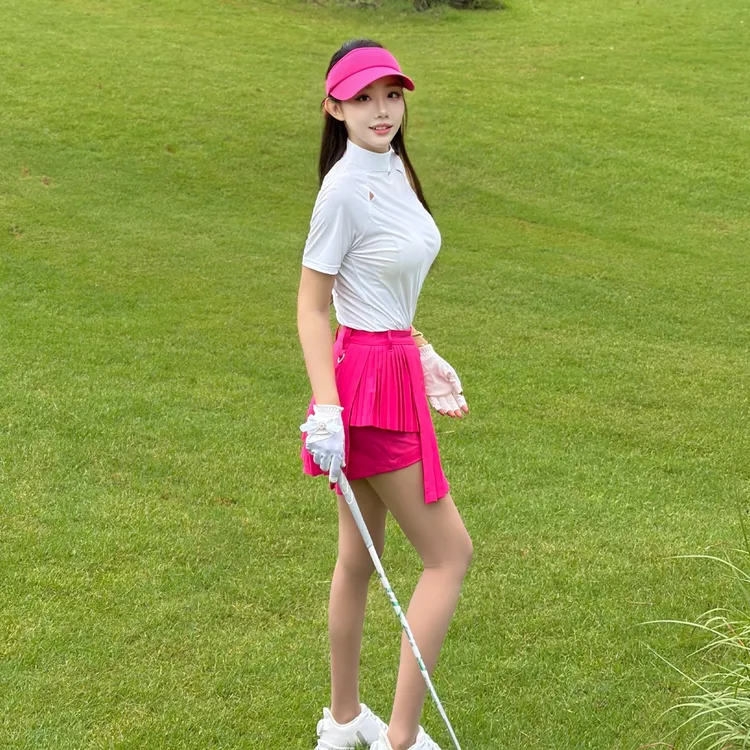 时尚高尔夫女装镂空半高领短袖T恤玫红色运动球服高腰百褶裙女款