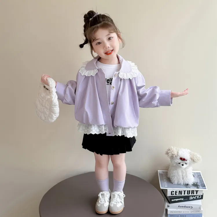 女童外套2025春秋新款儿童休闲时髦连帽外套女孩洋气花边夹克衫潮