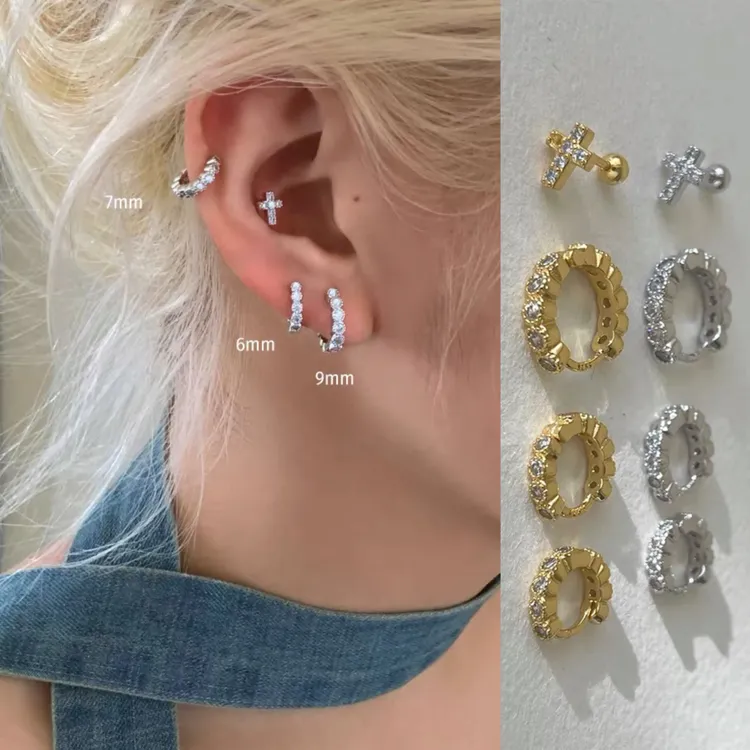 铜合金锆石耳饰 925银针十字架锆石耳环女耳骨耳蜗钉耳圈耳扣耳饰