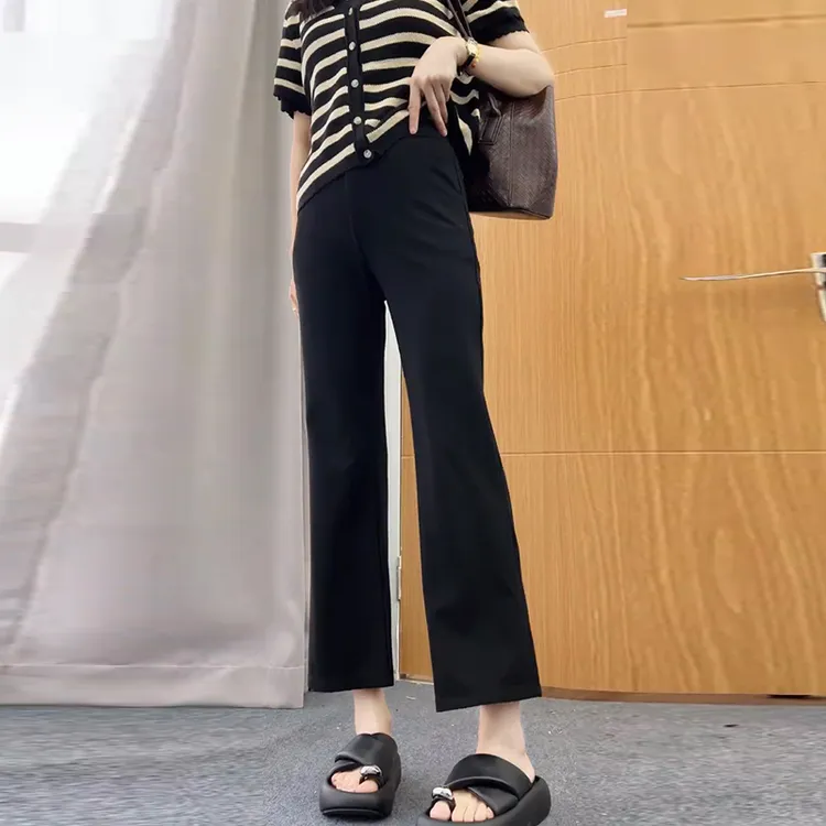 显瘦百搭弹力高腰黑色九分裤喇叭裤柔软黑色休闲裤垂感遮肉小黑裤
