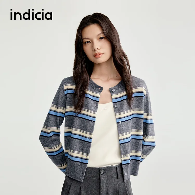 indicia标记25秋新款撞色经典条纹格雷系针织圆领开衫L2C5KS135