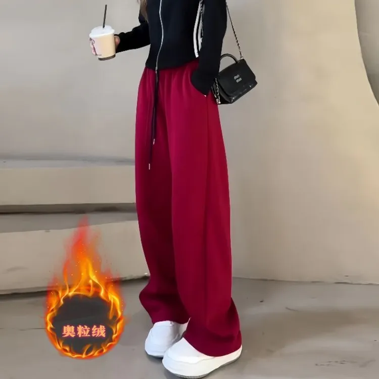 红色抽绳香蕉阔腿弯刀裤女2025春秋新款高腰宽松显瘦冬季加绒卫裤