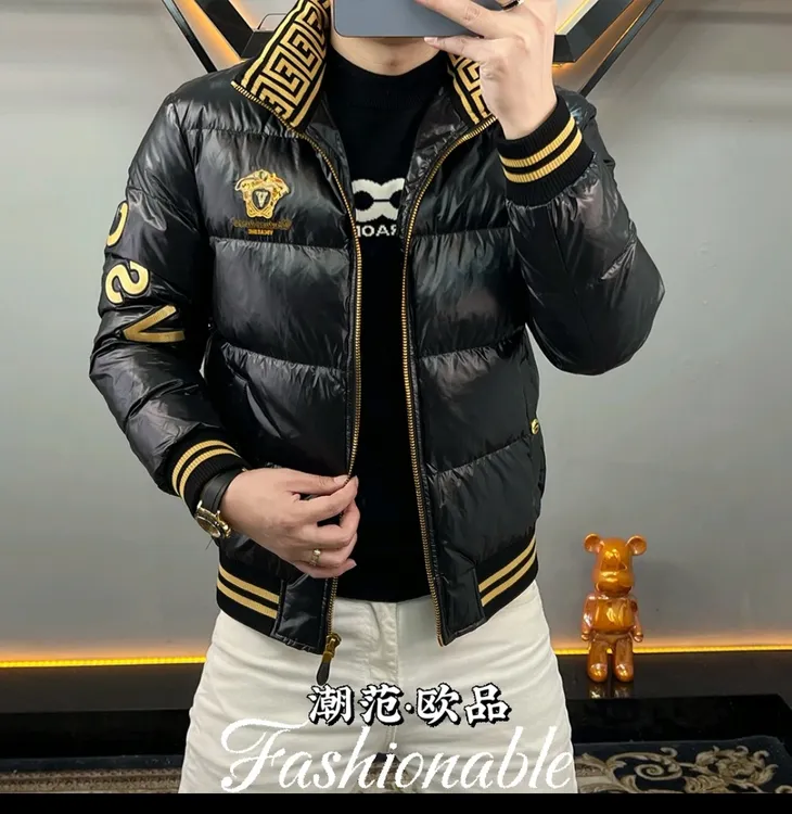 欧货冬季新款男士休闲时尚轻奢立领羽绒服潮流修身刺绣保暖外套