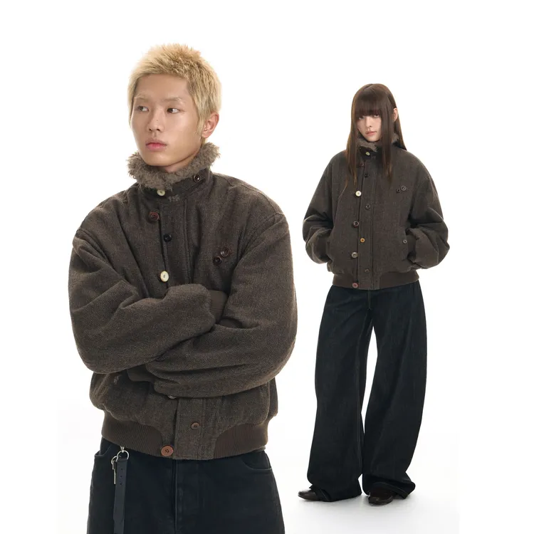 冬季复古男女同款翻领棉服外套加厚保暖仿羊羔毛格纹设计感棉衣潮