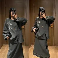 YDFSTUDIO小众【魅力之城】欧货烫钻花边拼接设计上衣+半身裙套装