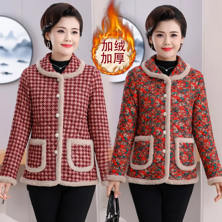 妈妈冬装加绒翻领花棉衣短款外套中老年人女装秋冬加厚保暖小棉袄