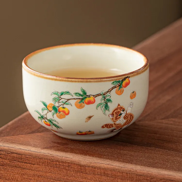 柿柿如意汝窑品茗杯主人杯复古开片可养汝瓷茶杯女士中式功夫茶具