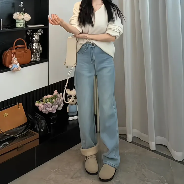 小个子加绒冬季水洗高弹高腰女直筒裤牛仔裤宽松裤子百搭显瘦