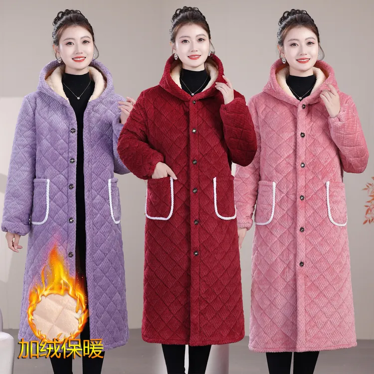 省服加长款连帽纯色棉袄外套女保暖加厚棉服罩衣家居服洋气工作服