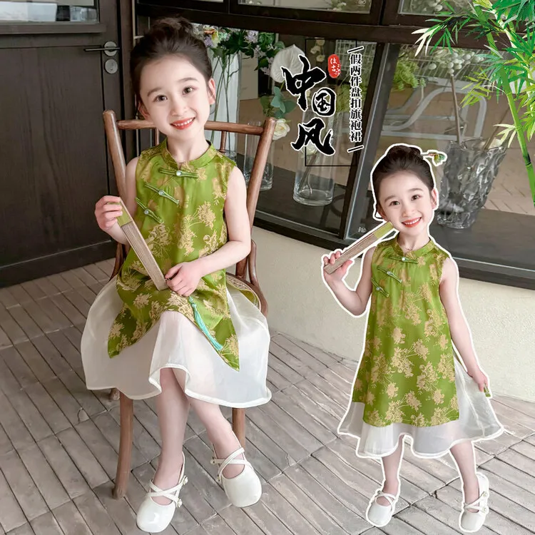 女童碎花连衣裙2025年夏季旗袍洋气可爱女中大童公主假两件连衣裙