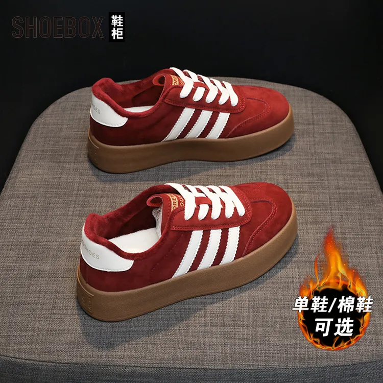 达芙妮旗下鞋柜厚底红色德训鞋女2025秋冬季爆款阿甘鞋加绒休闲鞋