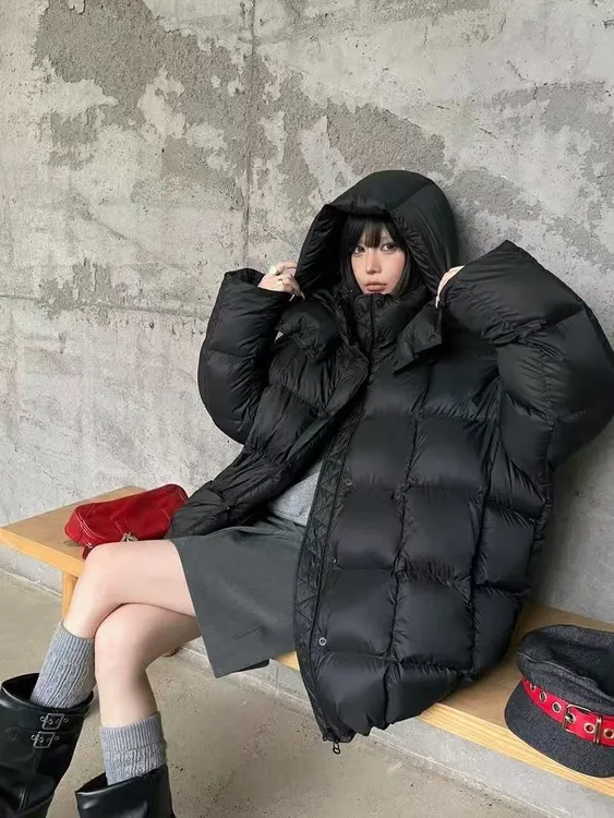 62238#独特超好看连帽羽绒服冬季90白鸭绒外套女（衣长81 胸围155）