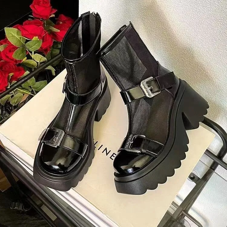 白色厚底马丁靴小个子增高网纱短靴潮夏季网靴女薄款透气镂空凉L