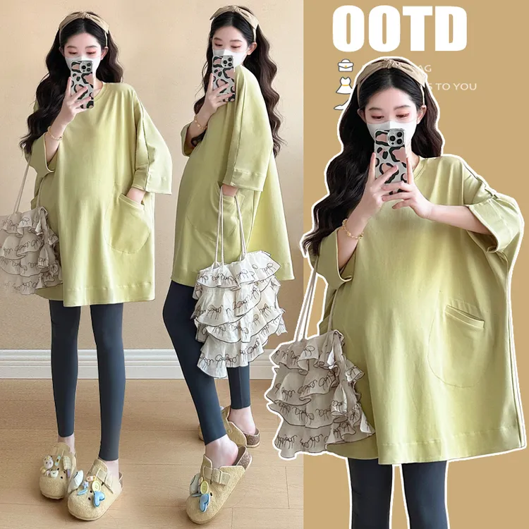 孕妇t恤春装新款宽松中长款连衣裙潮妈休闲大码七分袖T恤孕妇上衣