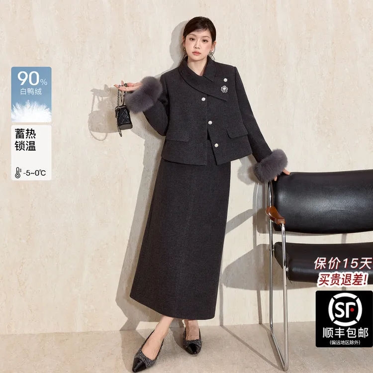 蓝语【伦敦旧梦】黑色冬季大码女装气质保暖外套新款白鸭绒保暖套装