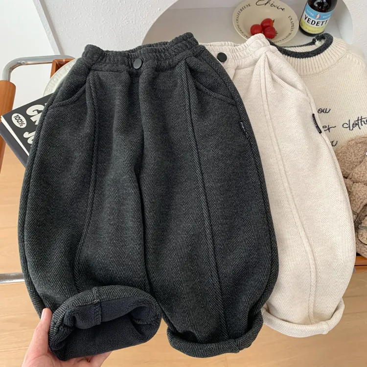 男童加绒柔软裤子秋冬装儿童人字纹英伦风休闲裤中小童一体绒长裤