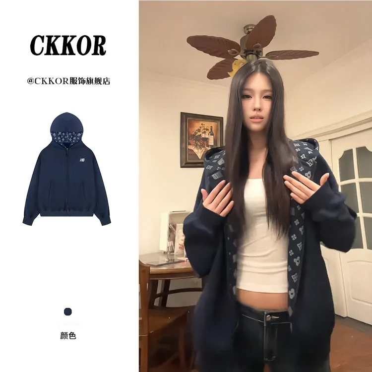 CKKOR美式复古刺绣开衫连帽卫衣女秋冬新款设计感宽松休闲短外套 