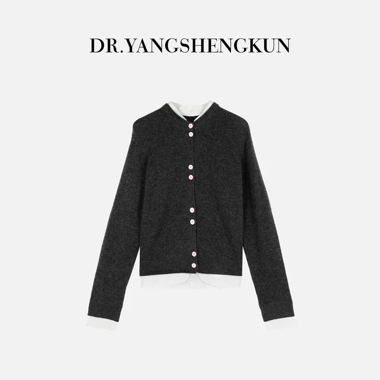 杨圣坤2025冬季新品100%羊毛撞色拼接假两件针织开衫女ES25102235